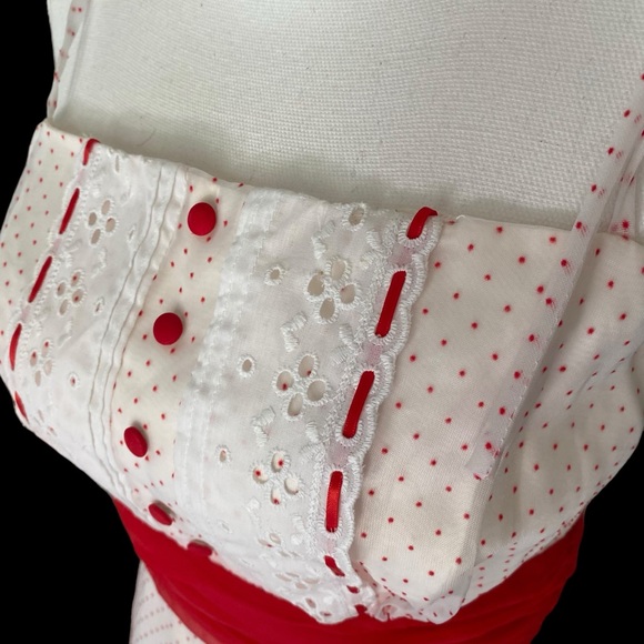 ILGWU Union Made Vintage Red Polka Dot w Eyelet Trim Ruffled Prom Dress - Picture 5 of 16